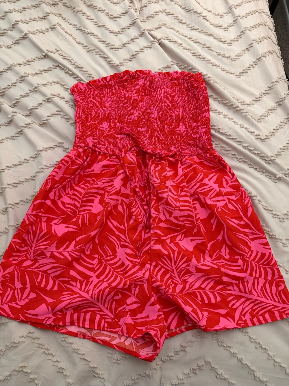 Strapless Pink & Red Leaf Print Romper